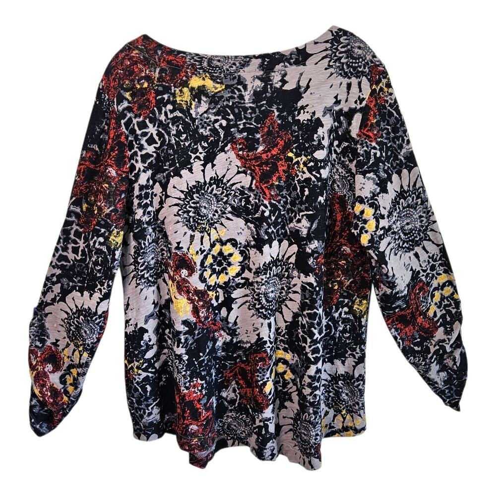 HABITAT Women L Tunic Top Floral Black Red Yellow Ruched Sleeve Cotton 40" - Picture 6 of 7
